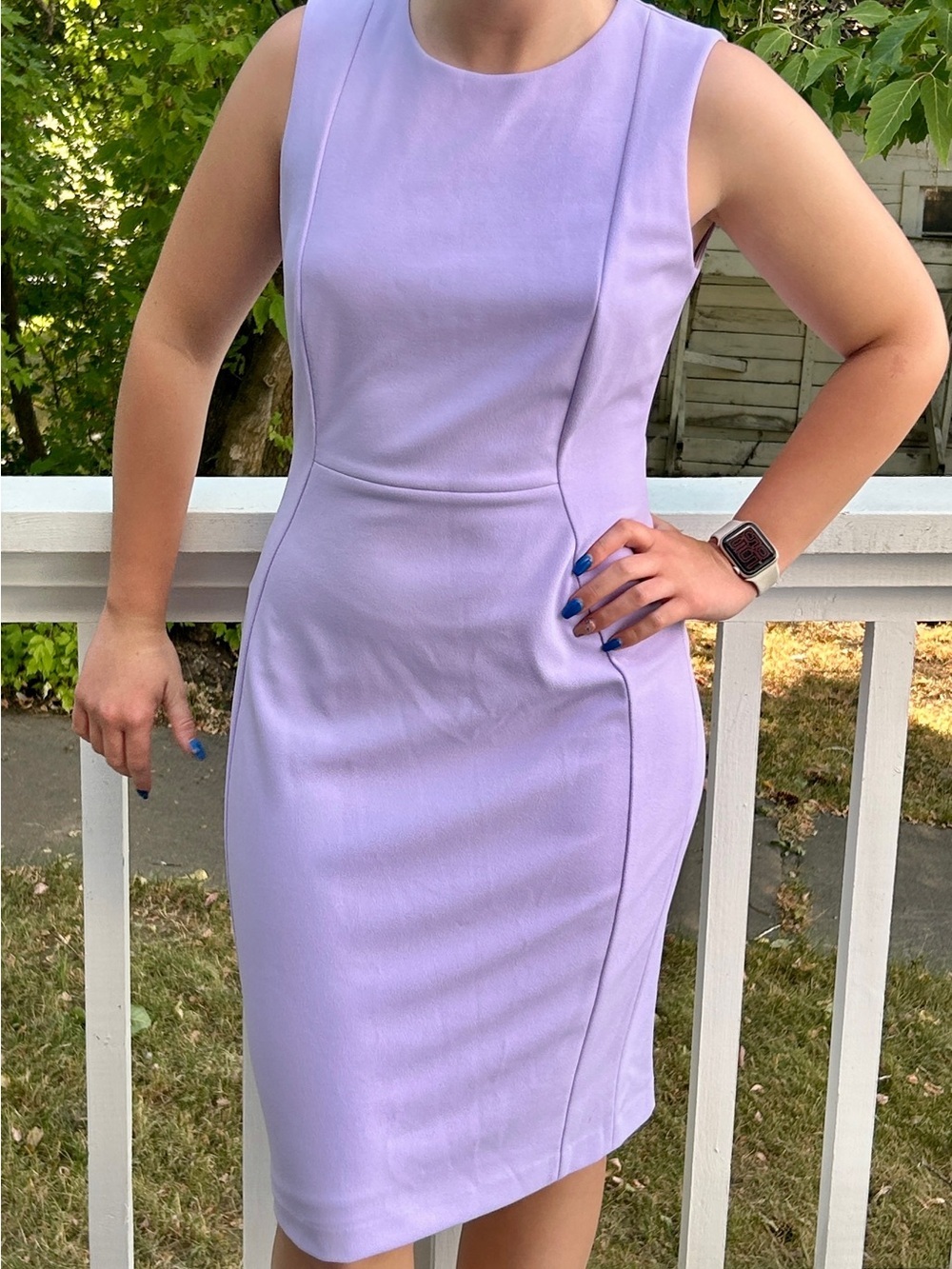 Calvin Klein Sleeveless Scuba Crepe Sheath Dress, lavender/light purple. Size 8